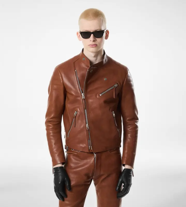 BUFFALO GRAIN LEATHER ASYMMETRIC RACER HAZELNUT online